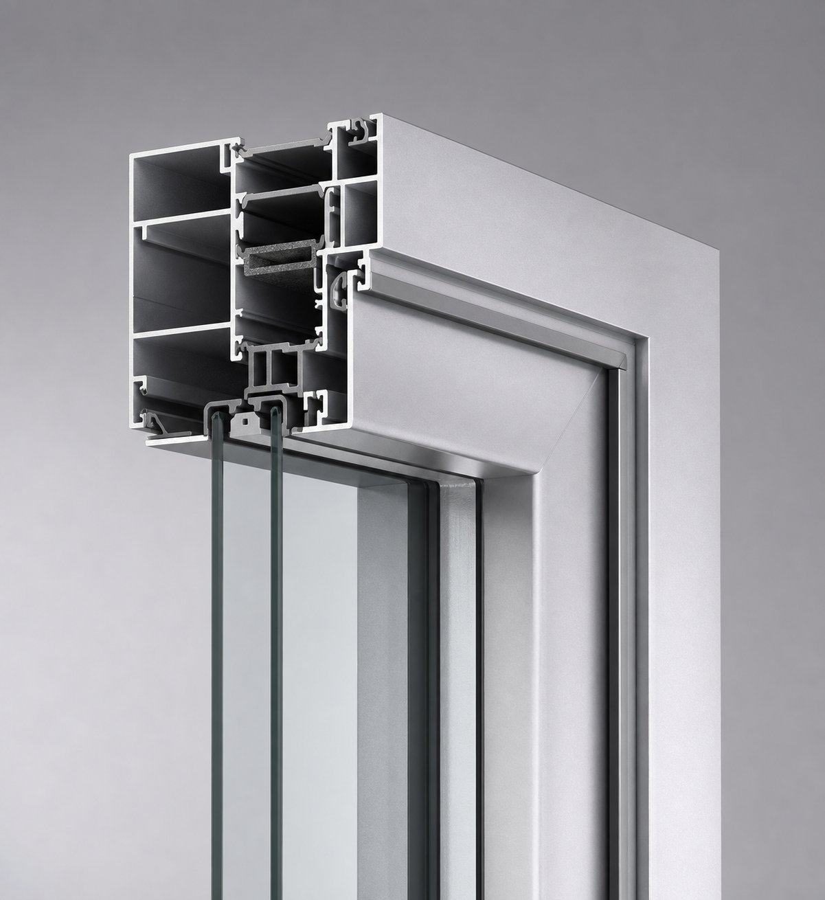 cross section of aluminium window frame profiles showing internal chambers and structural geometry