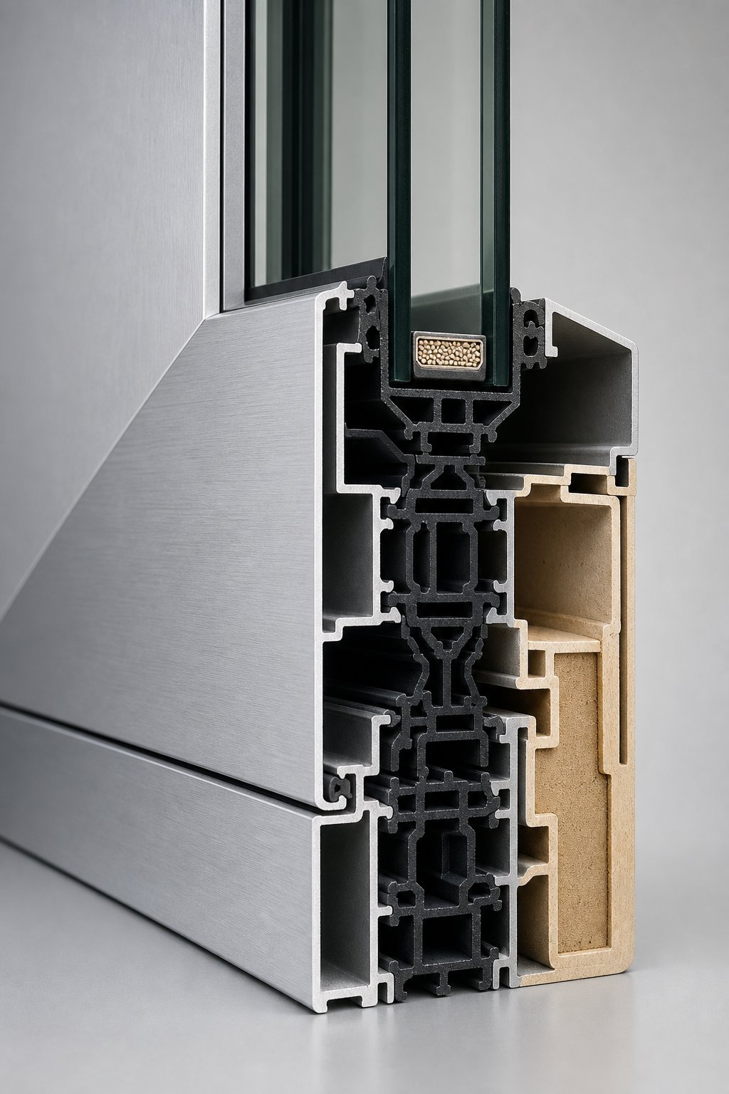 cross section of an aluminium composite window frame revealing thermal break technology and multi material construction