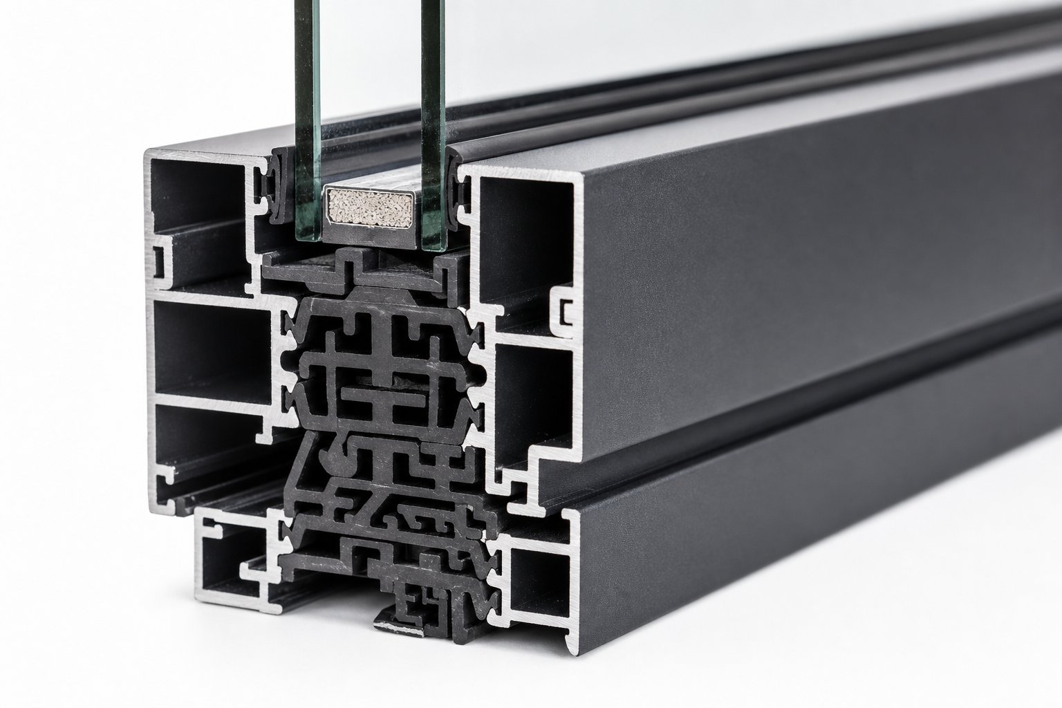 cross section view of a thermally broken aluminium window profile showing the insulating polyamide strip that separates interior and exterior frame sections