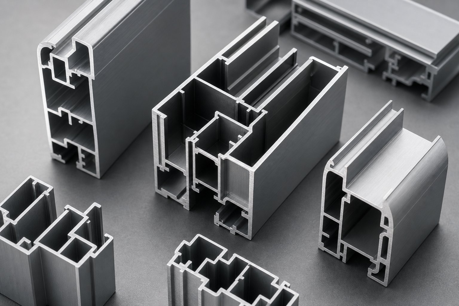 cross section view of aluminium window profile extrusions revealing complex internal chambers and precision engineering