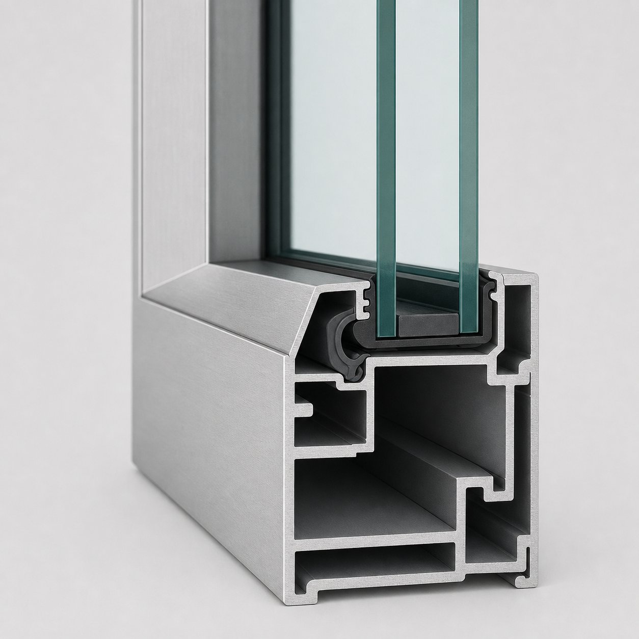 cross section view of an aluminium window frame showing the rebate glazing bead and gasket components