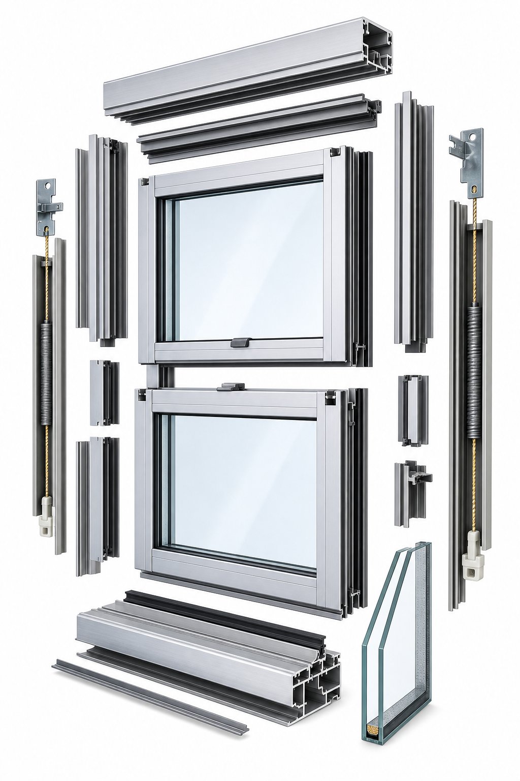 cutaway view of a double hung aluminium window system showing frame sash and insulated glass unit construction