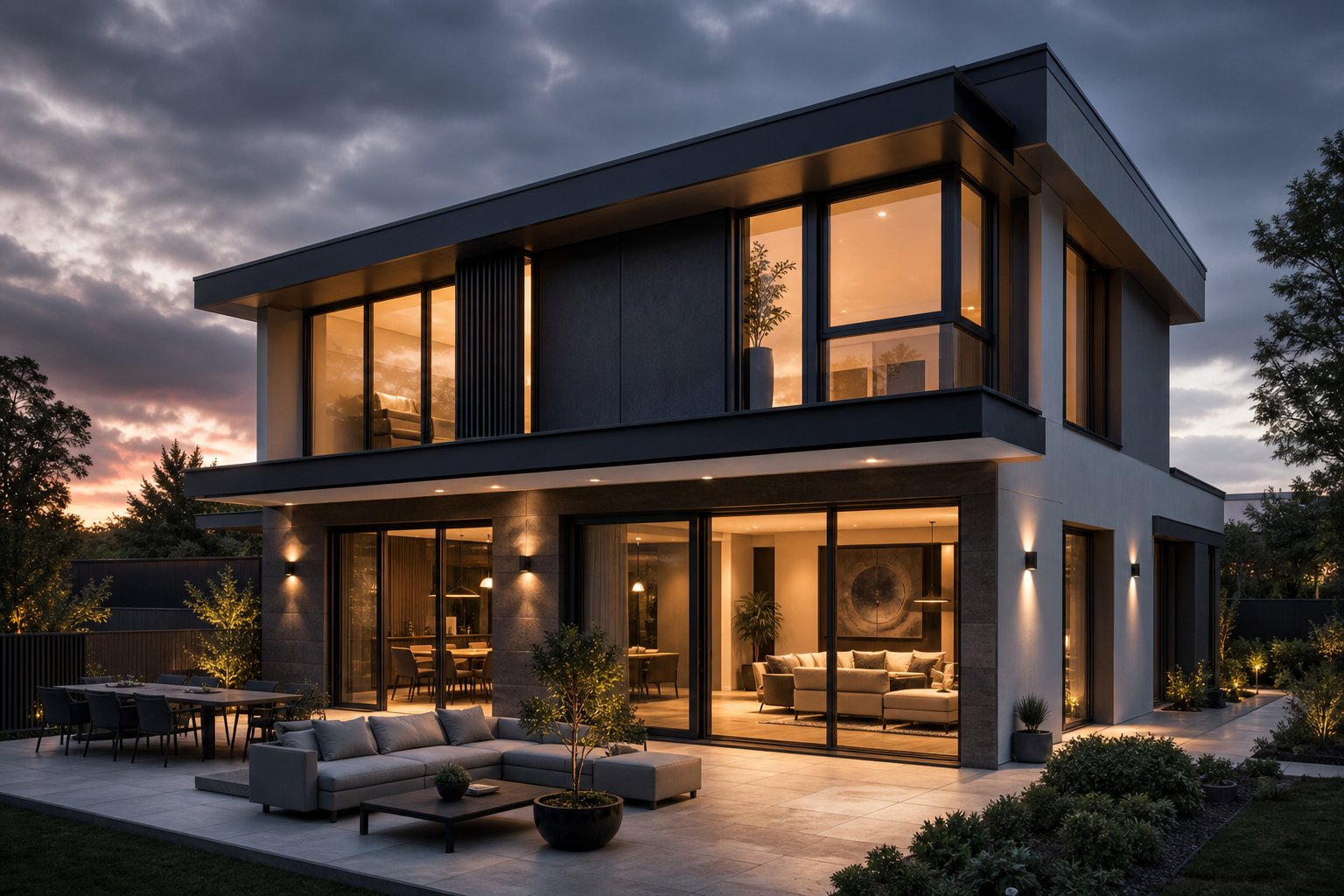 dark grey aluminium window frames on a modern australian home demonstrating how grey tones shift in appearance under evening light