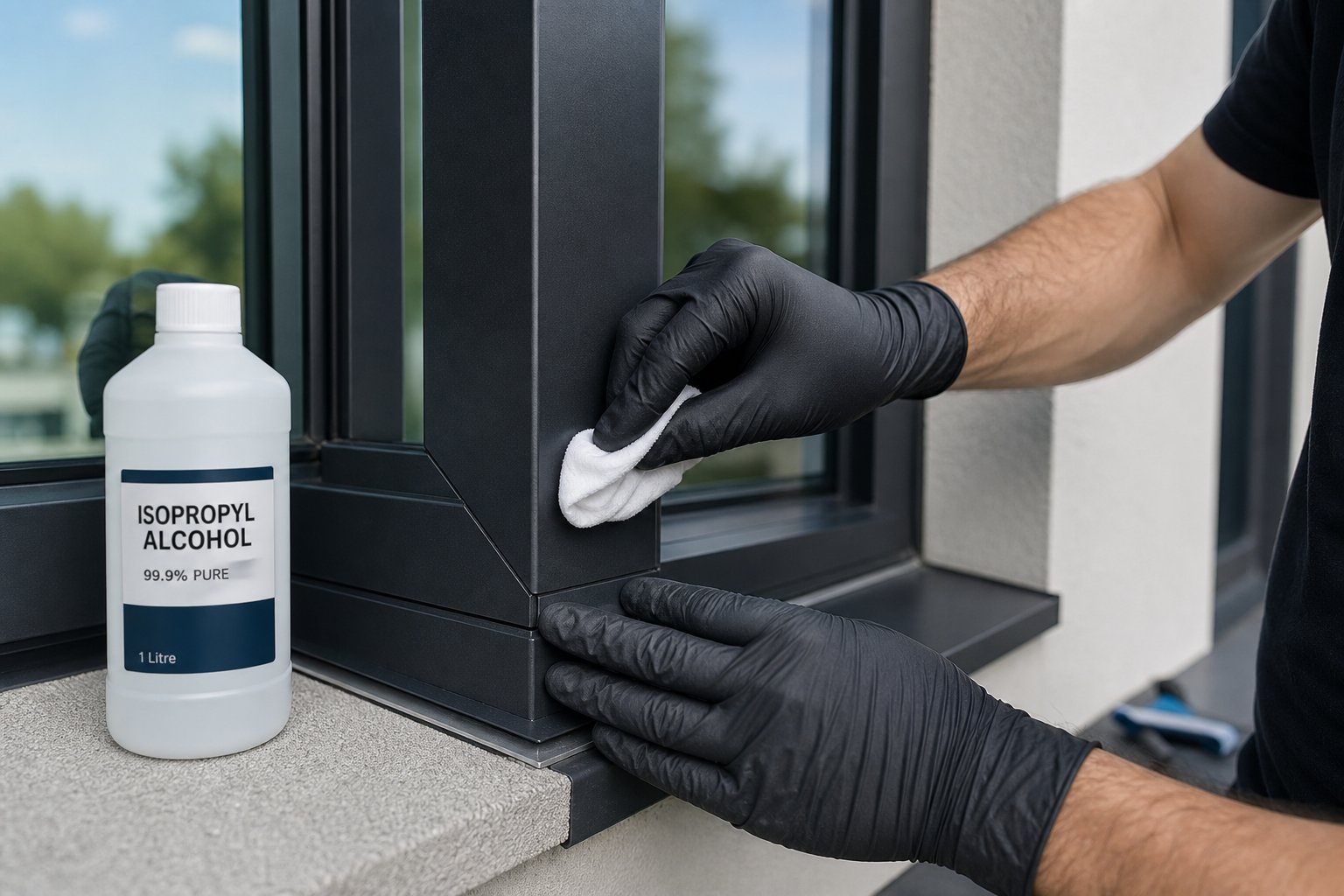 degreasing aluminium window frames with isopropyl alcohol before sealant application ensures reliable long term adhesion