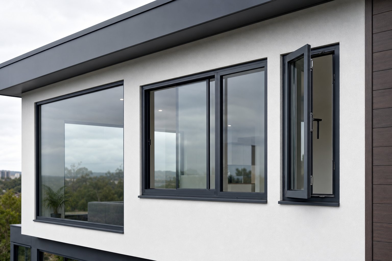 different aluminium window operating styles including fixed sliding and casement configurations on a modern home facade