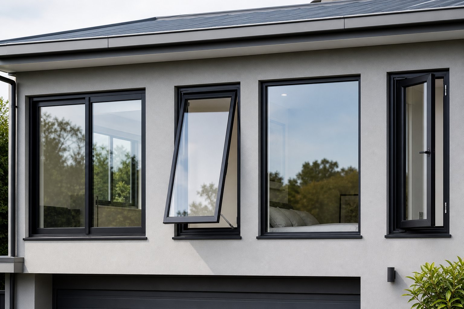 different aluminium window types including sliding awning fixed and casement styles on a modern melbourne home facade