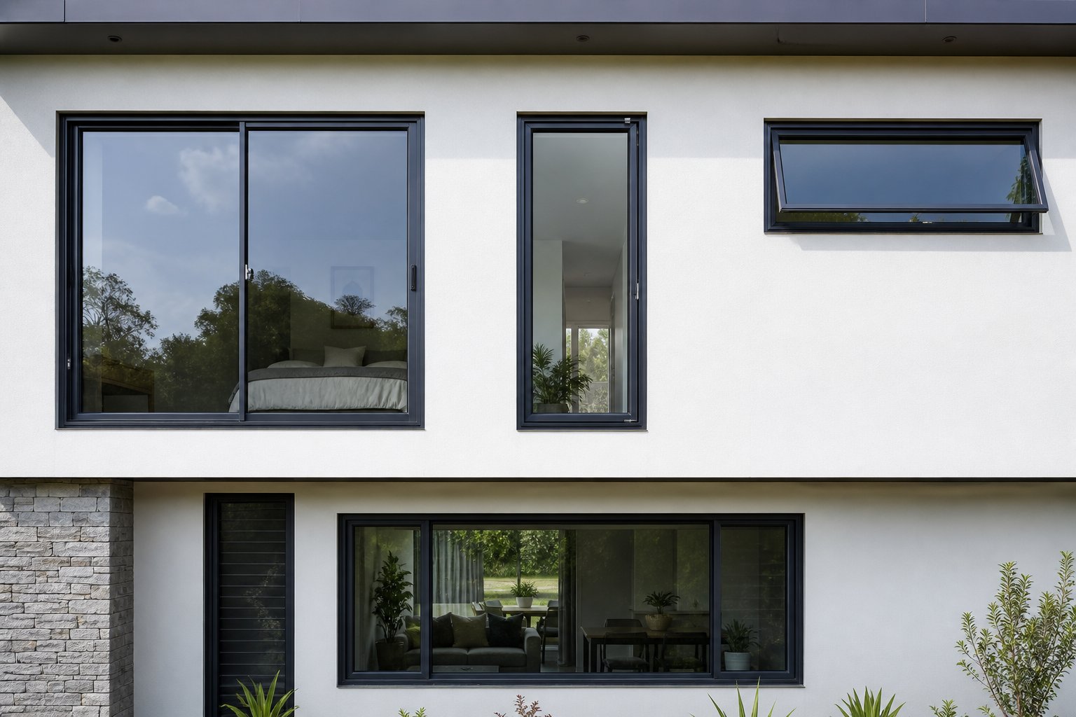 different aluminium window types showing varying standard size proportions on a modern home facade