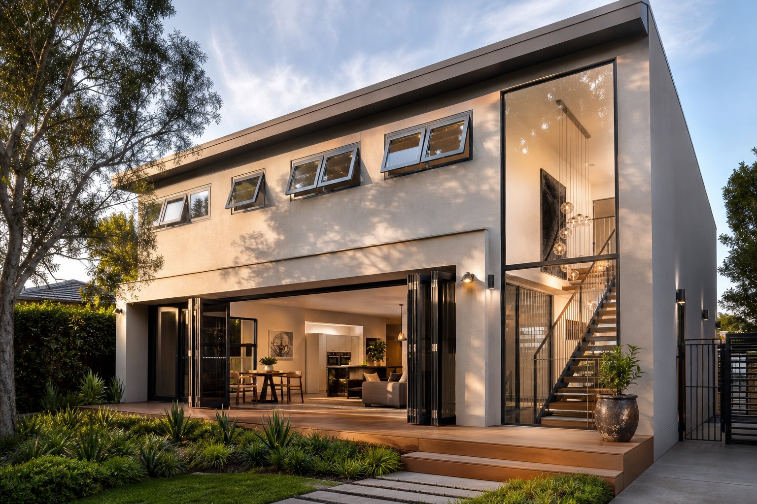 diverse aluminium window styles including bi fold doors awning and fixed panels complement contemporary hills district architecture