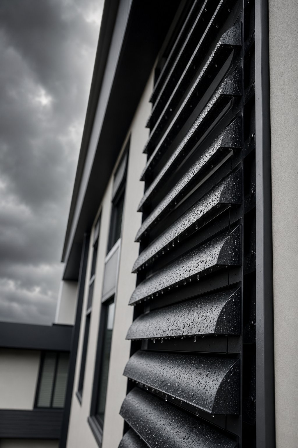 engineered aluminium louver blades deflecting rain with precision angled profiles designed for harsh australian weather