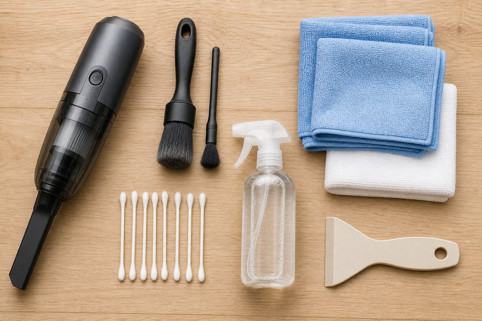 essential aluminium safe cleaning tools including soft bristle brushes microfibre cloths and a crevice vacuum attachment