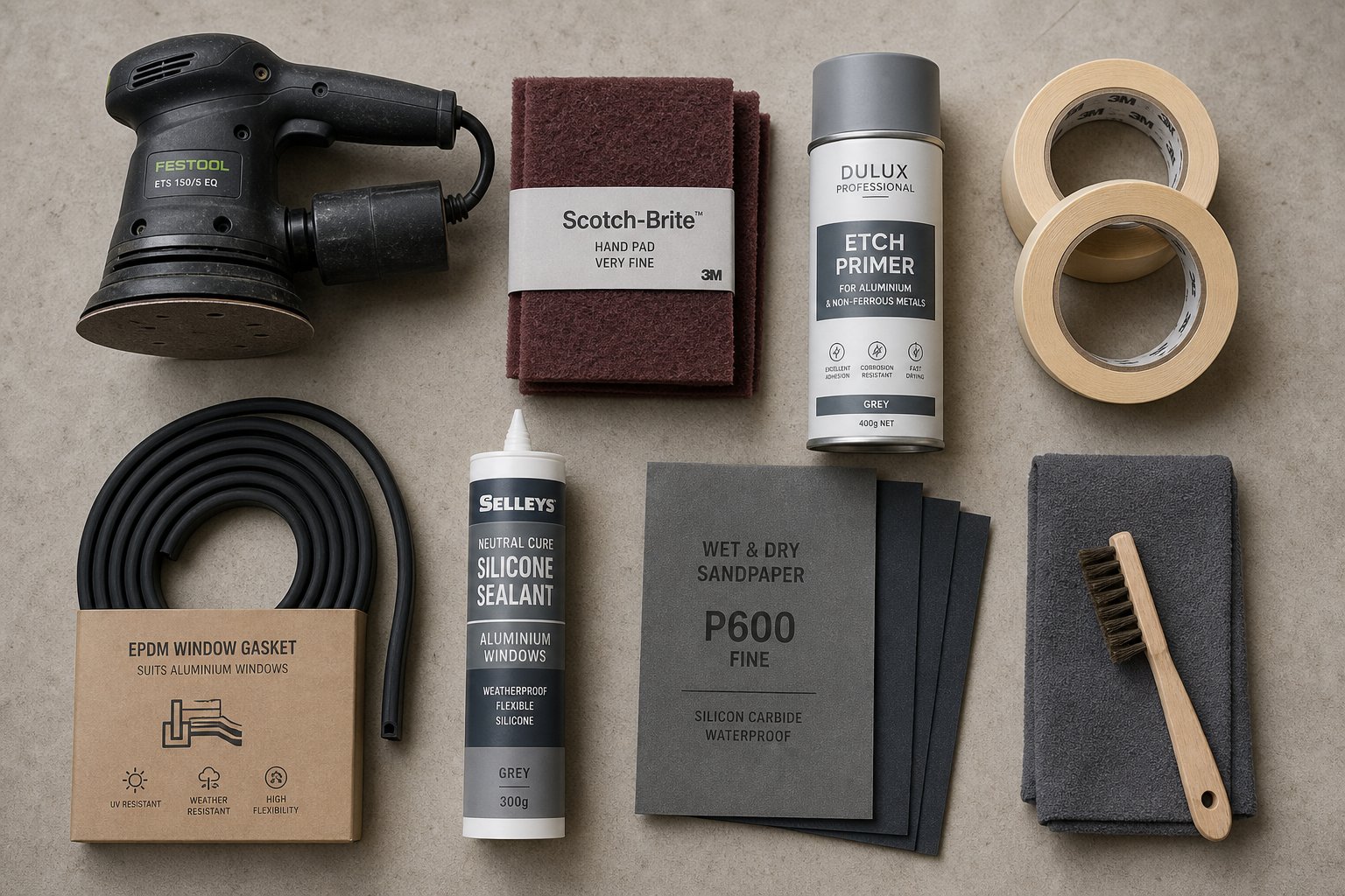 essential tools and materials for aluminium window refurbishment laid out before a restoration project begins