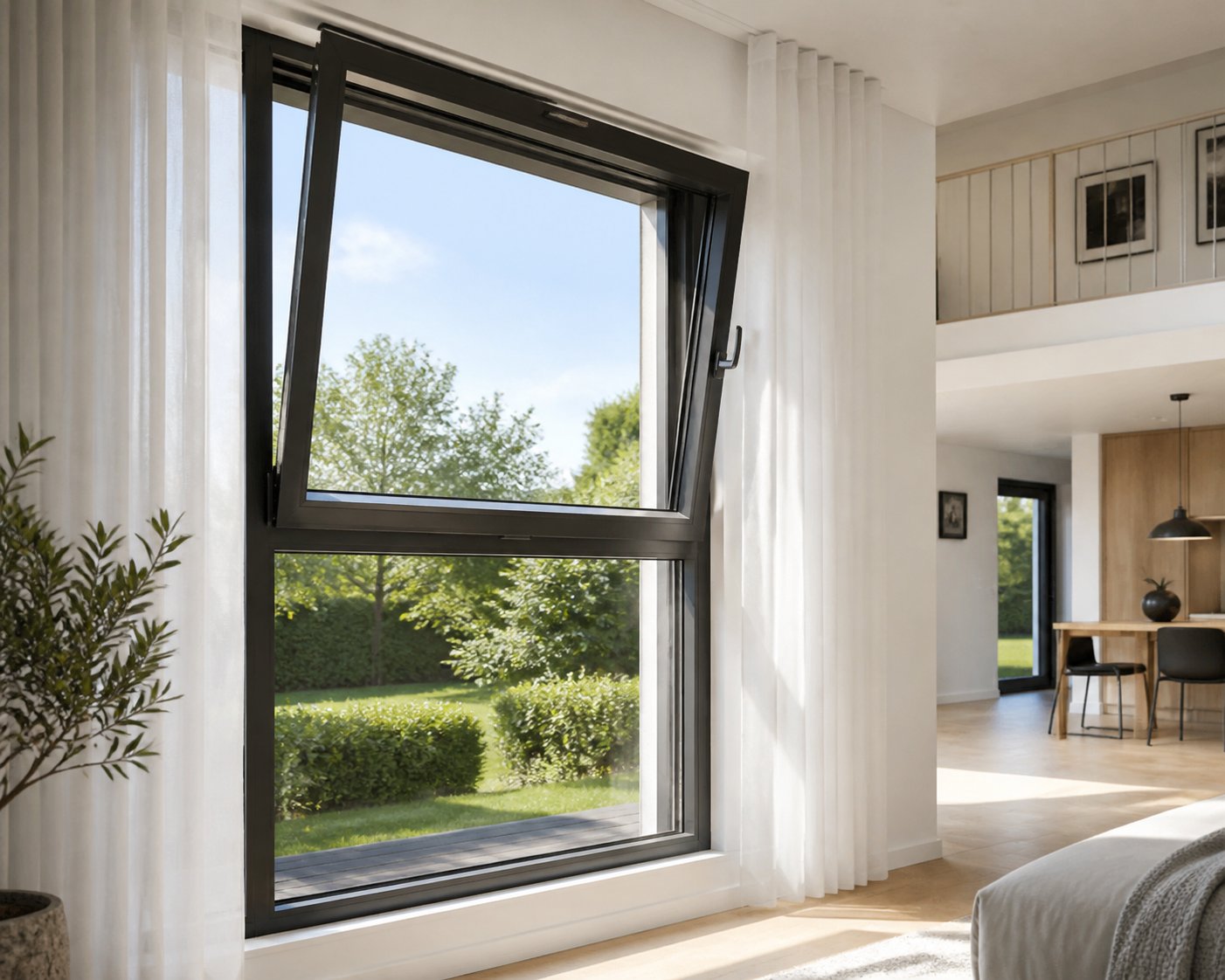 european tilt and turn aluminium window in the ventilation tilt position inside a contemporary australian home