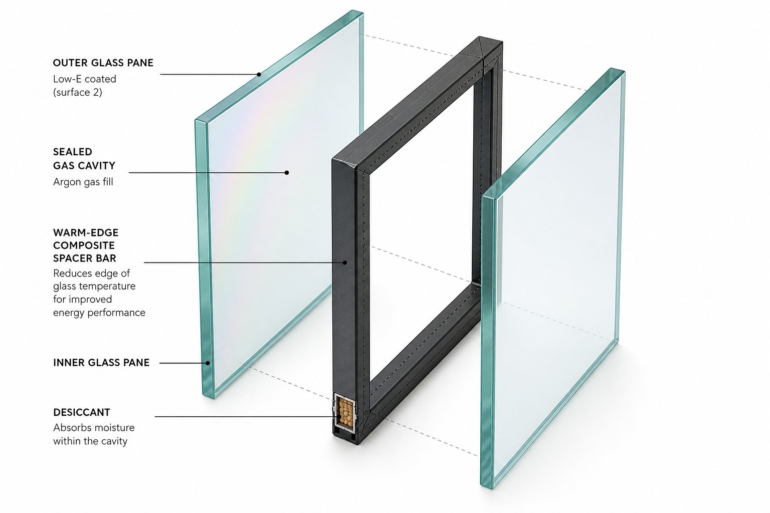 exploded view of a double glazed insulating glass unit showing glass panes warm edge spacer bar and low e coating layers