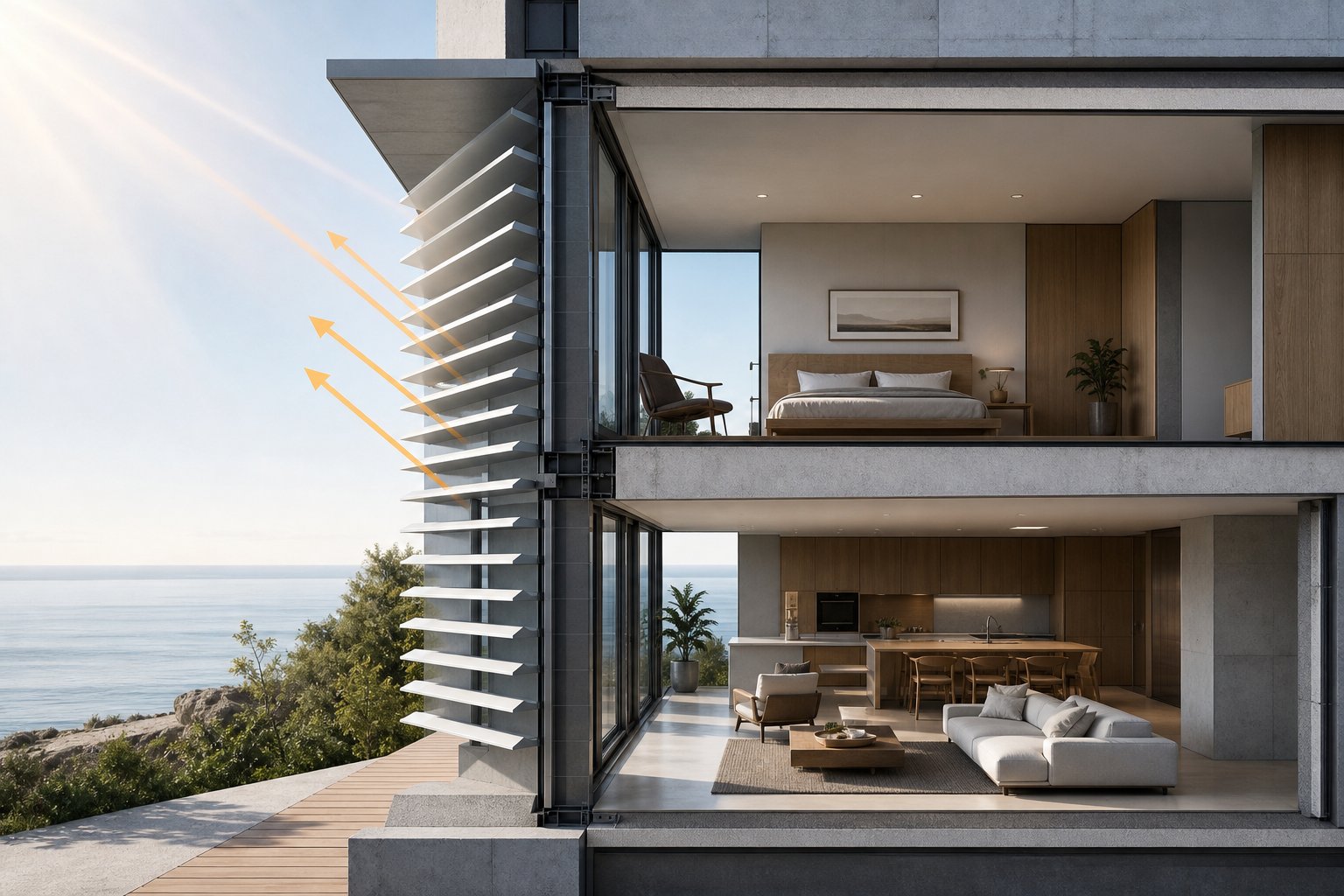 external aluminium shades intercept solar radiation outside the glass preventing heat from entering the building envelope
