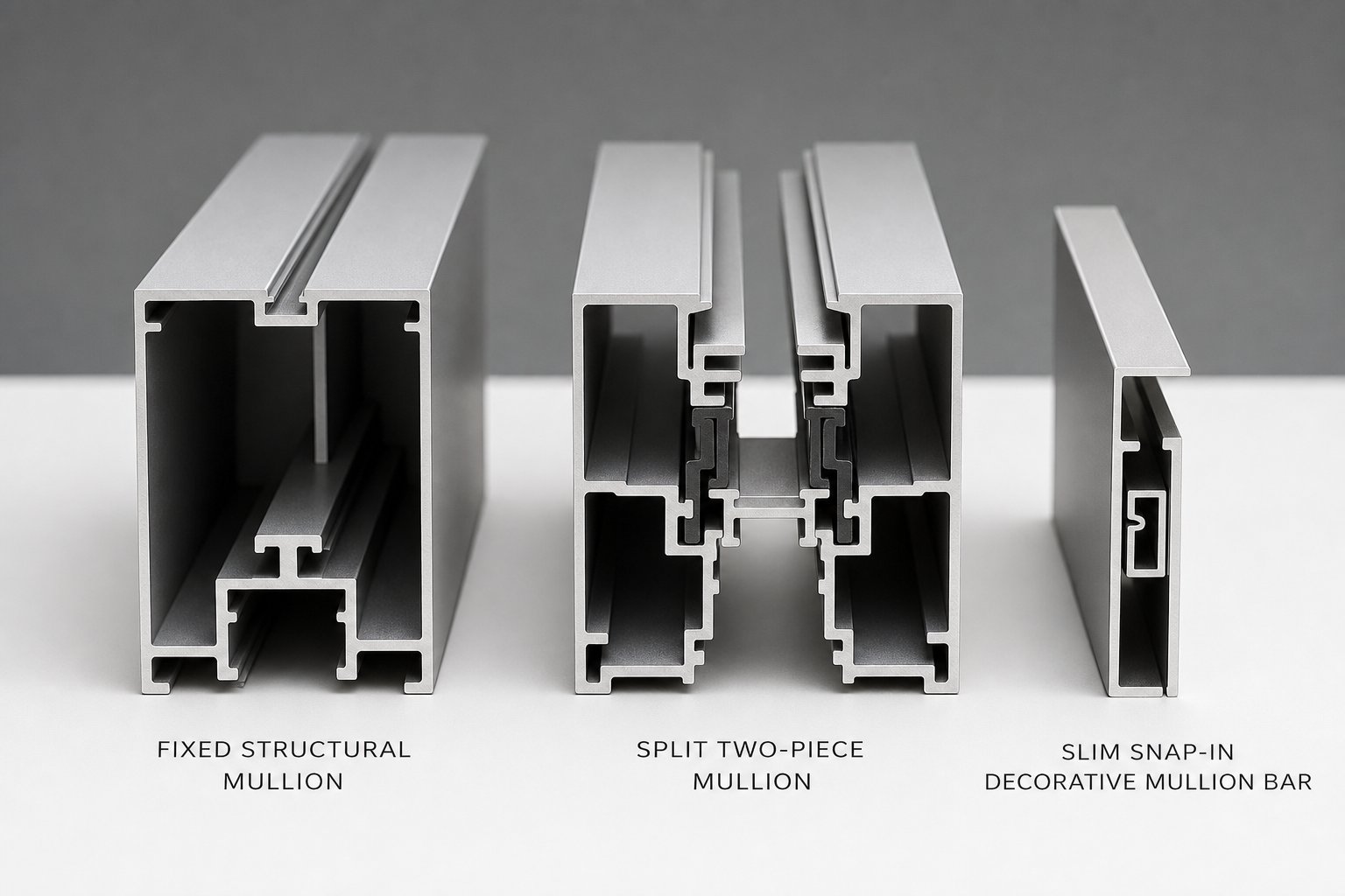 fixed split and snap in aluminium mullion systems showing different installation configurations