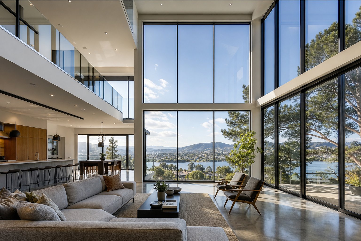 floor to ceiling insulated glass units within slim aluminium frames balancing thermal performance with maximum natural light