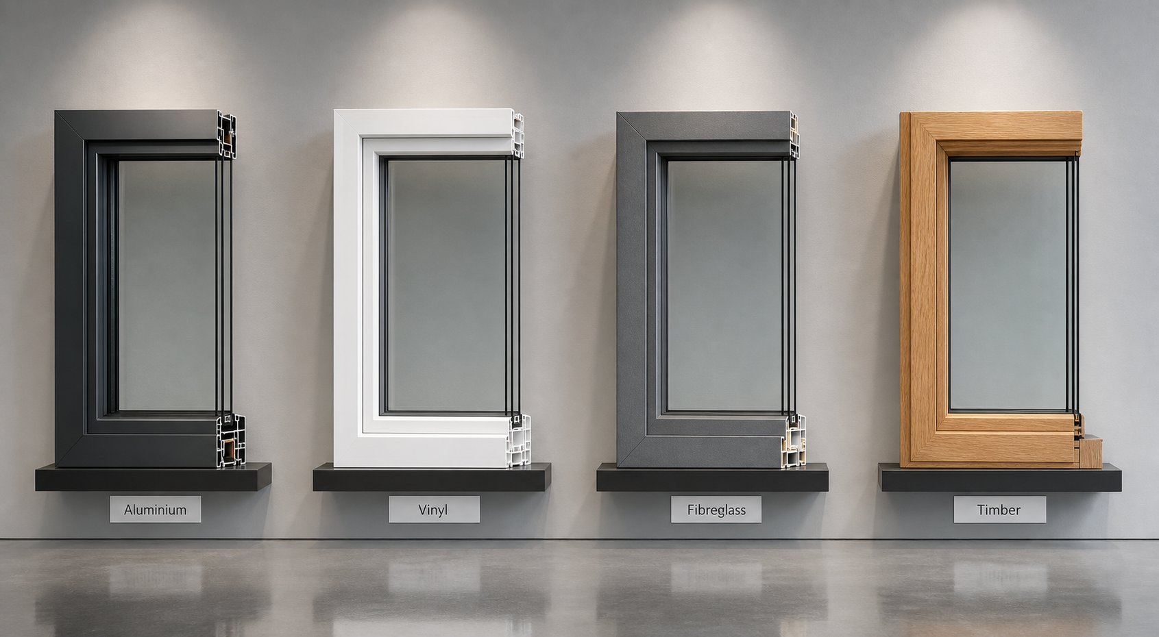 frame material comparison showing aluminium vinyl fibreglass and timber profiles paired with double glazed units