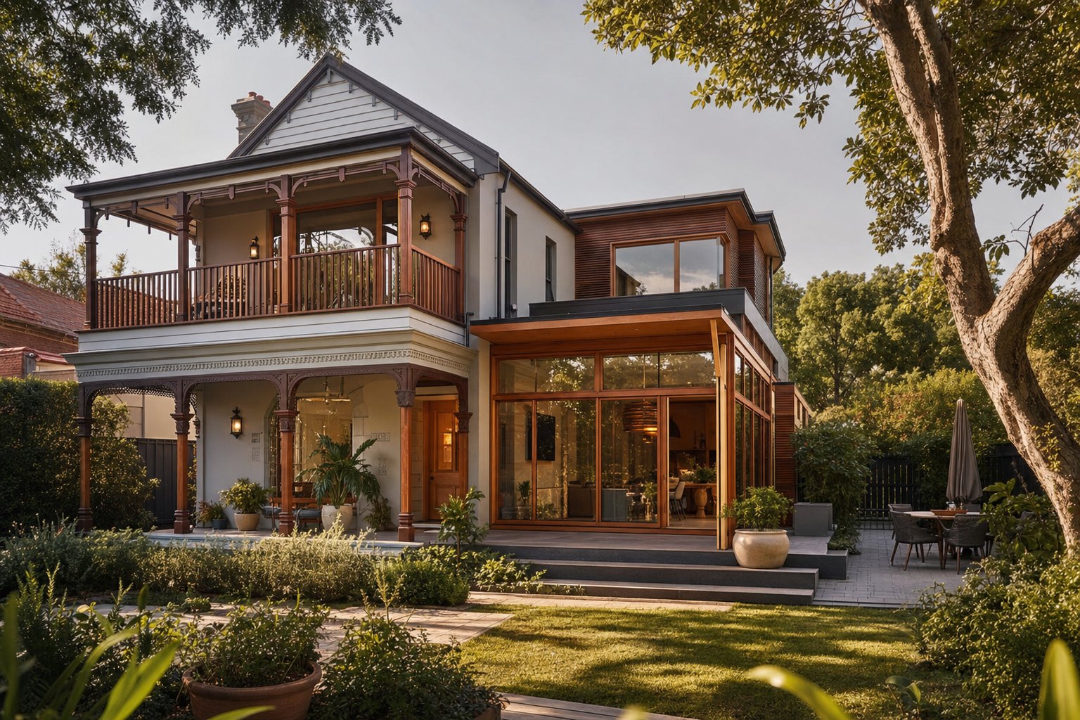 heritage home renovation blending traditional character with modern timber look aluminium windows at the rear