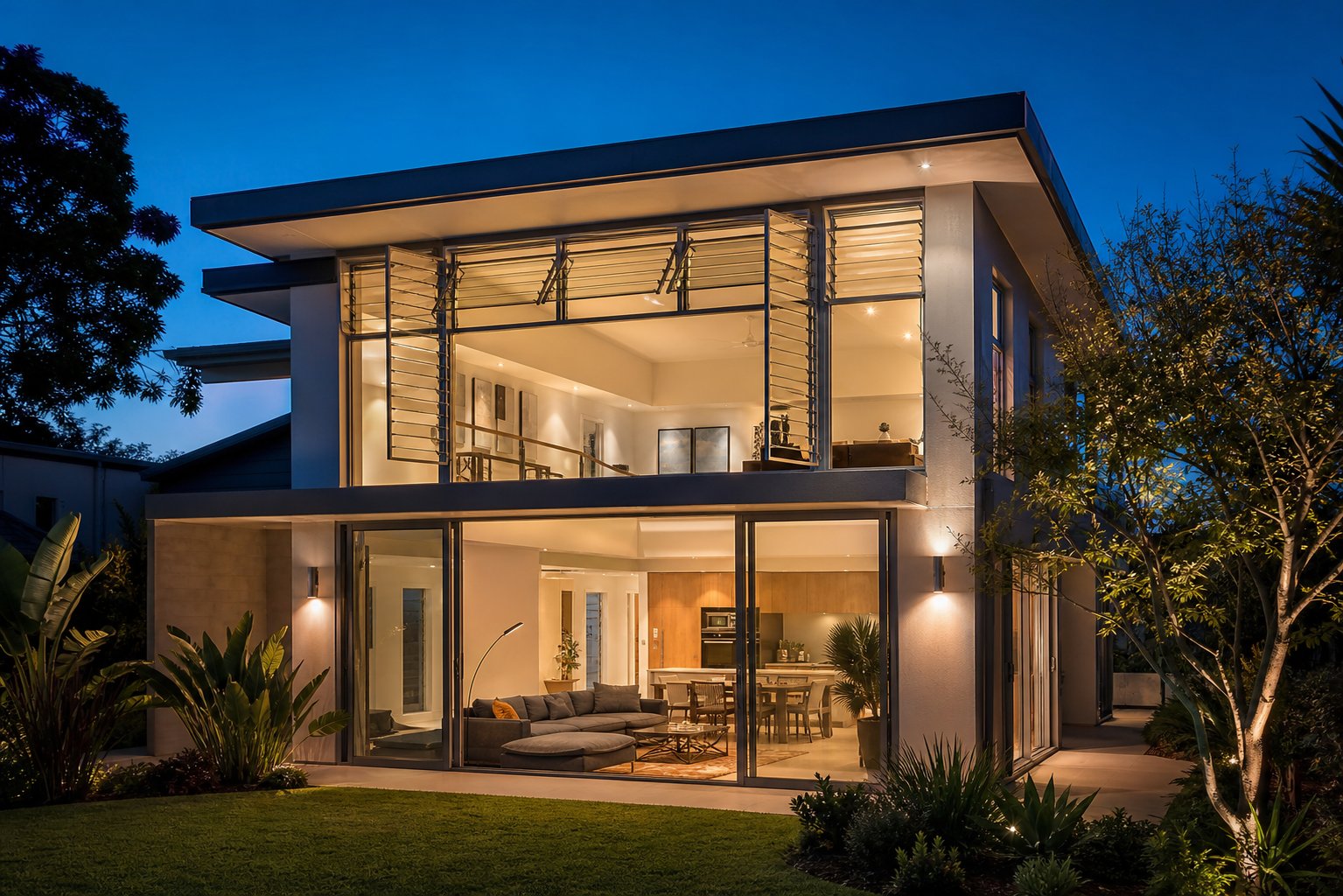 high level aluminium louvre windows enabling stack effect ventilation in a modern double height home at dusk