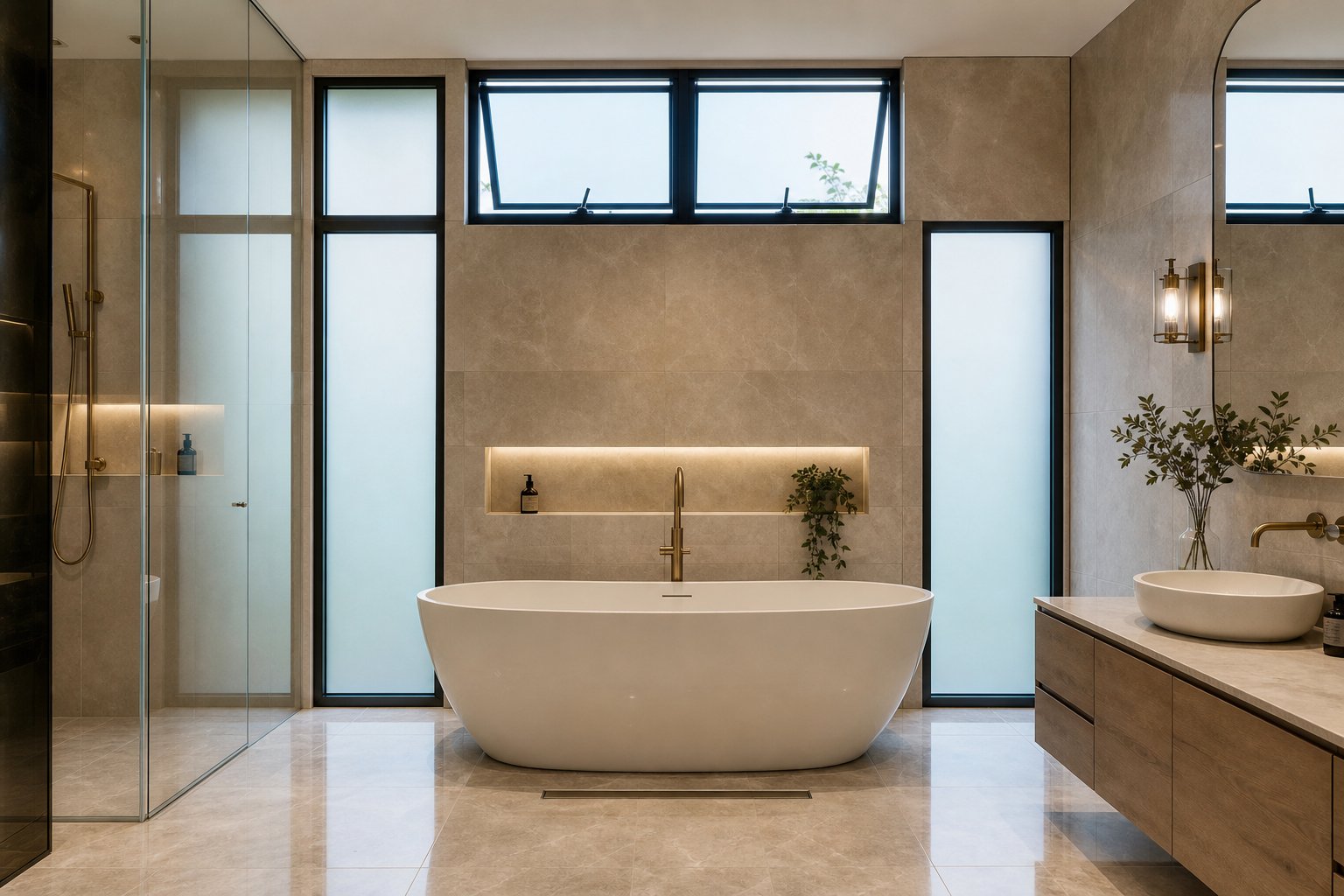 high mounted aluminium wind out windows in a modern bathroom providing ventilation and privacy