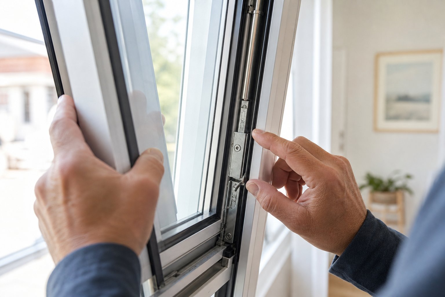 inspecting an aluminium double hung window sash mechanism by tilting it inward for easy interior access