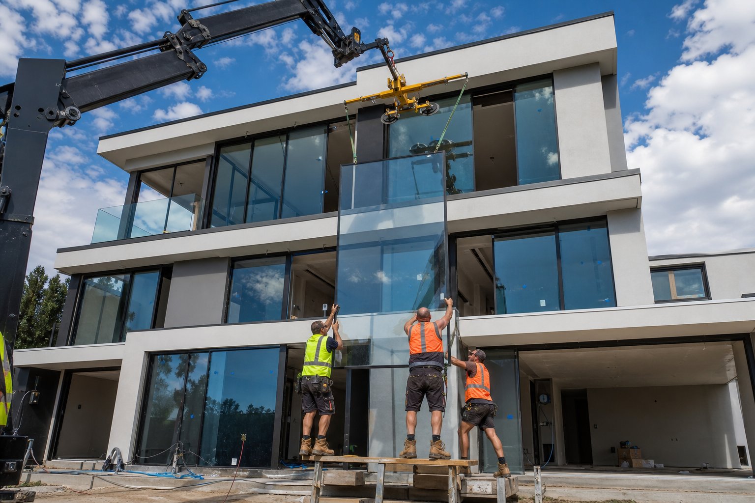 installation of large format aluminium double glazed panels on a modern australian home highlighting precision specification and system compatibility