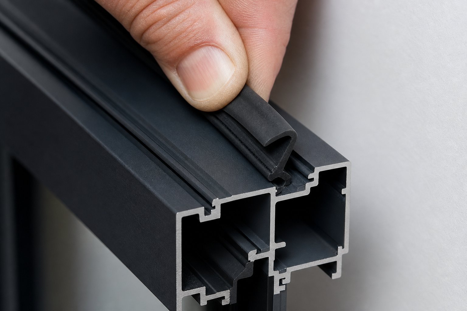 installing a new epdm rubber gasket into an aluminium window frame channel for improved sealing and rattle prevention