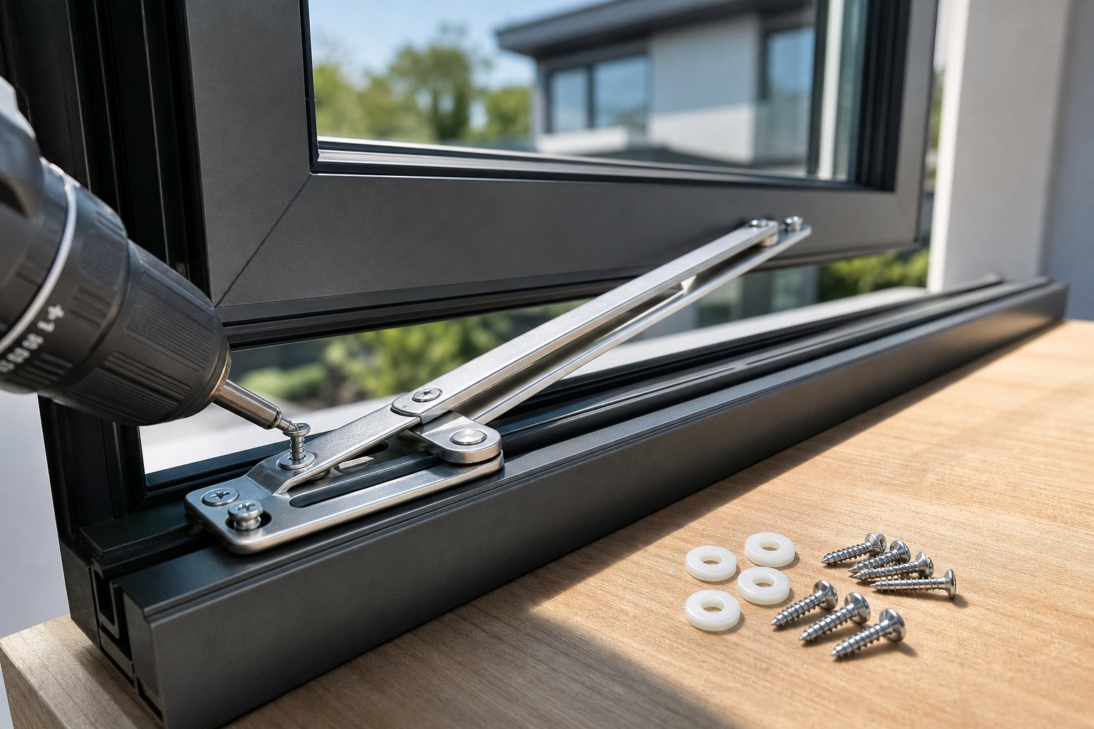 installing an aluminium friction stay with correct pilot holes and isolation washers on a modern window frame