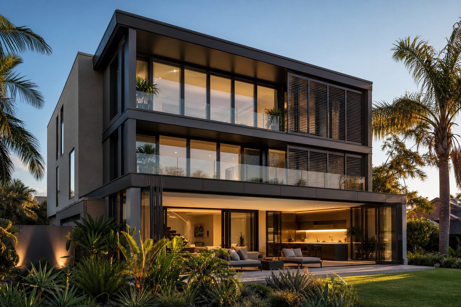 integrated aluminium facade design with coordinated black window frames bifold doors and louvre screens achieving visual coherence across all levels