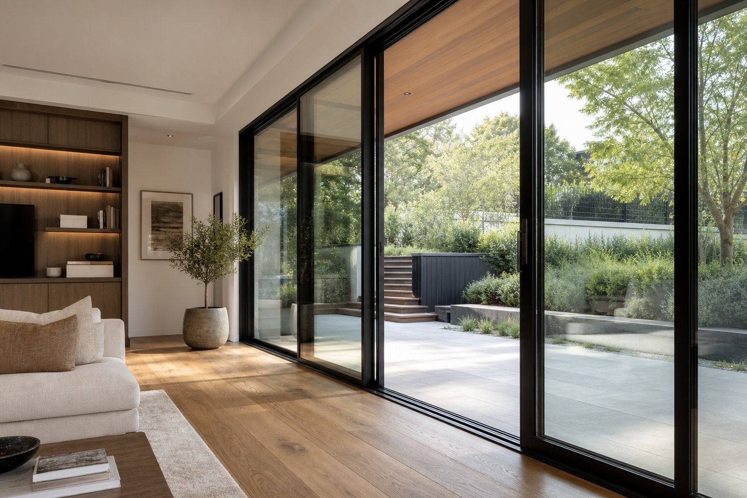 interior view of a premium aluminium sliding door system with slimline black frames opening to an outdoor living area
