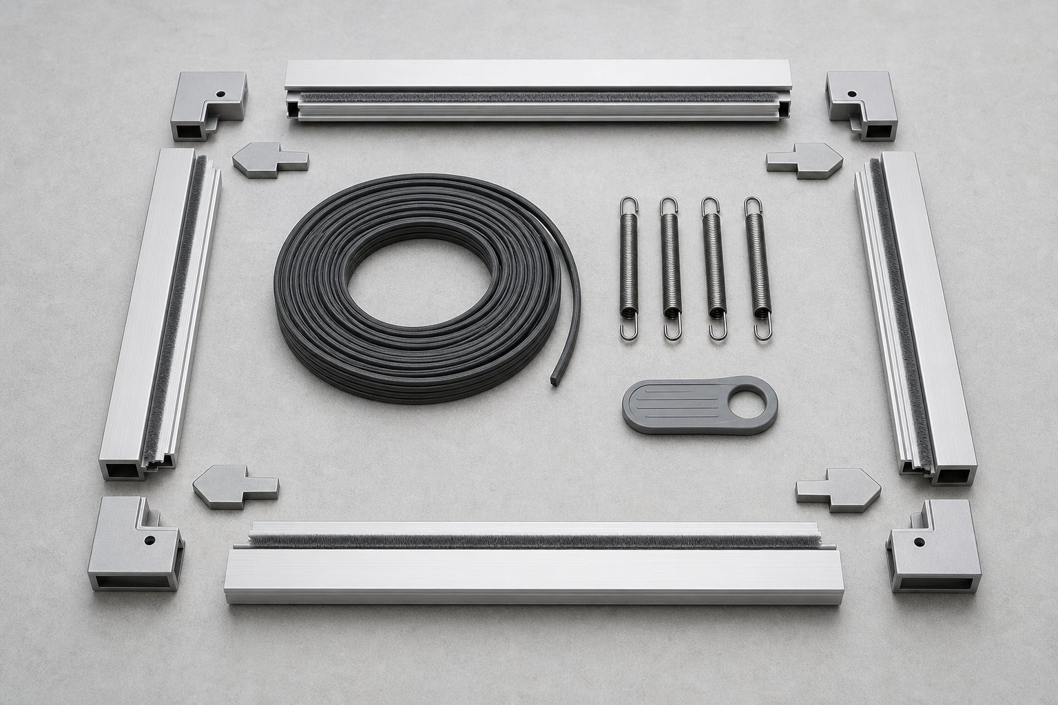 key components of an aluminium fly screen frame including rails corner keys spline and tension springs