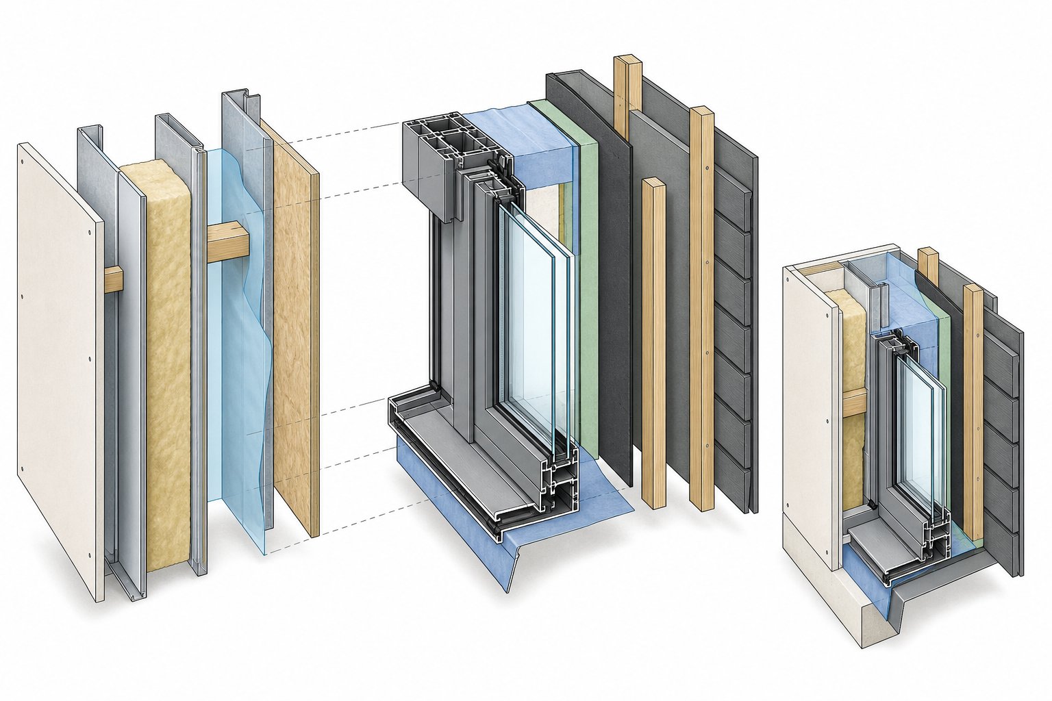 layered components of an aluminium window jamb cross section from interior finish to external cladding