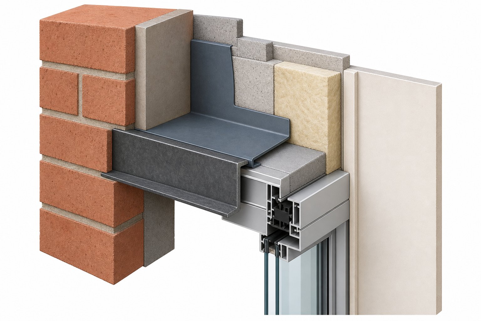 layered cross section of an aluminium window head assembly showing the relationship between lintel flashing insulation and frame