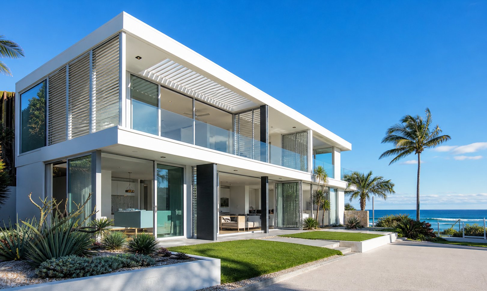 marine grade powder coated aluminium shading protecting coastal glazing from salt air and intense uv exposure