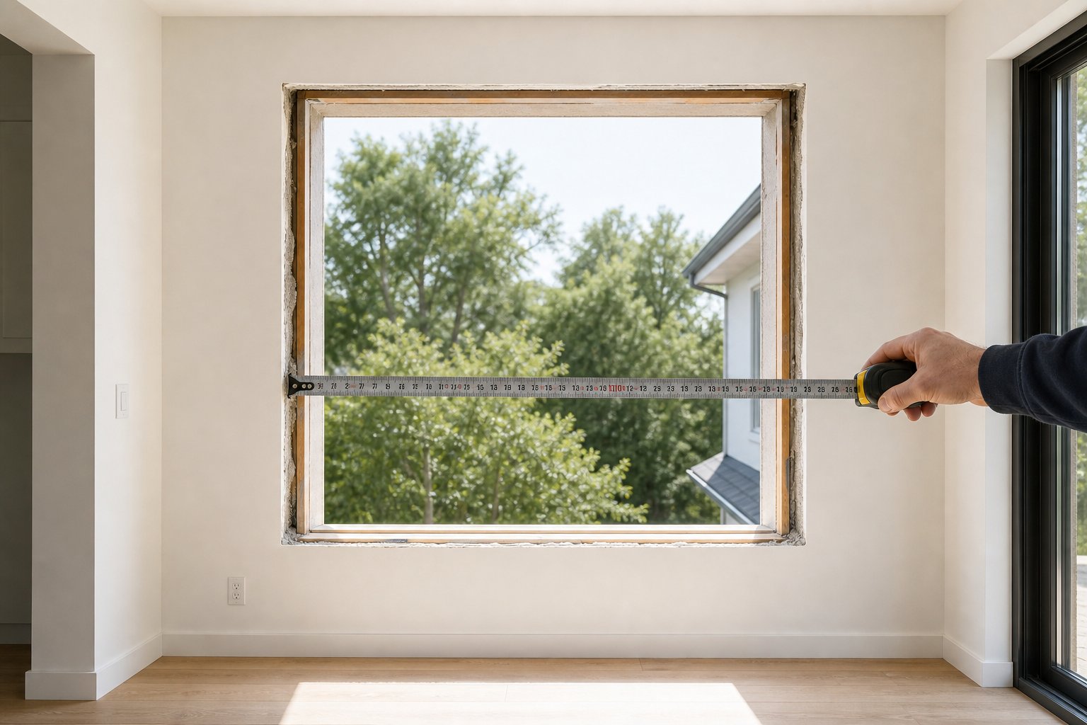 measuring a window opening width at multiple points ensures accurate ordering for replacement aluminium windows