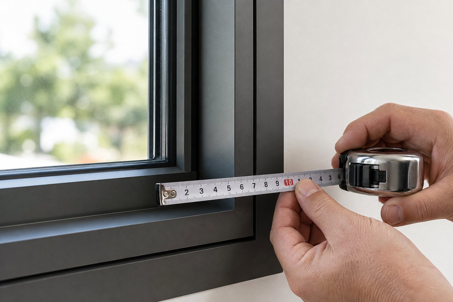 measuring an aluminium window reveal accurately with a steel tape measure checking dimensions at multiple points for a precise fly screen fit