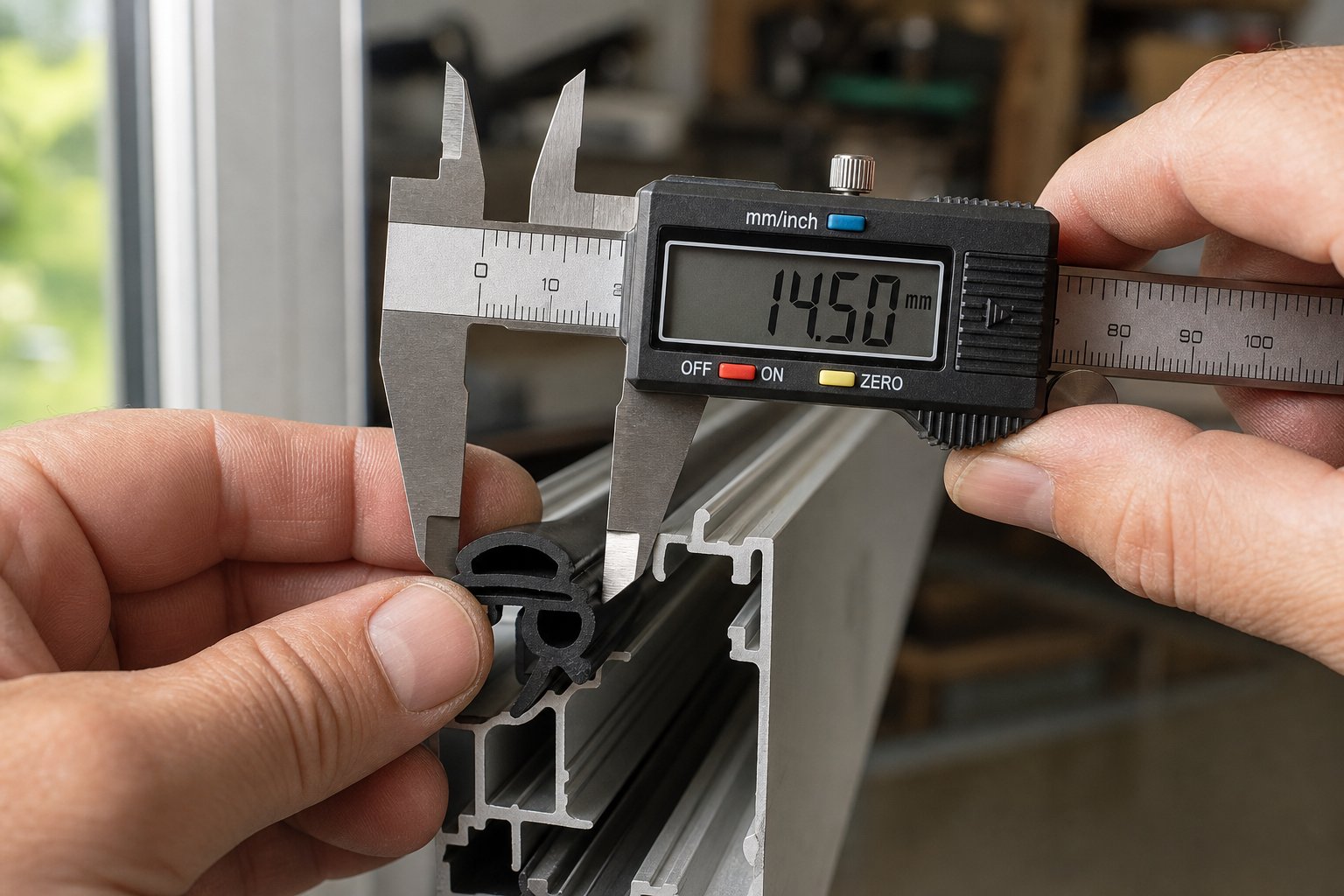 measuring glazing gasket cross sectional dimensions with digital callipers for accurate aluminium window frame fitment