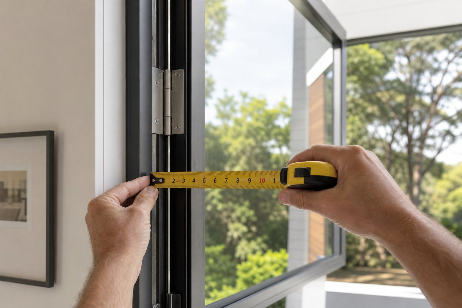 measuring the aluminium window frame along the hinge edge to determine correct stay arm length