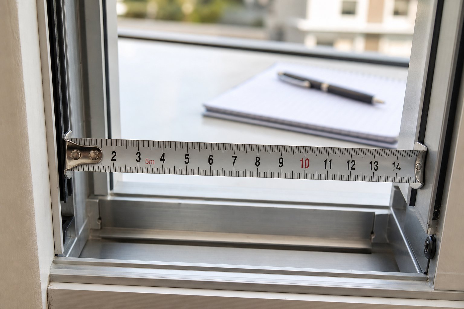 measuring the rebate width with a steel tape measure after glazing bead removal