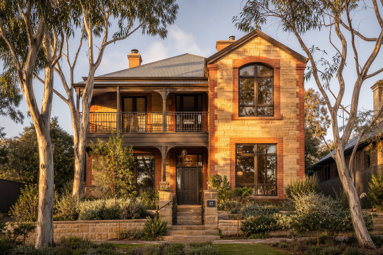 medium bronze anodised aluminium windows complementing warm sandstone and brick on a heritage style australian home