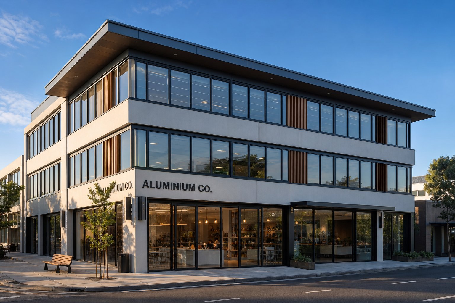mixed use commercial building showcasing integrated aluminium windows doors and facade systems from a unified product range