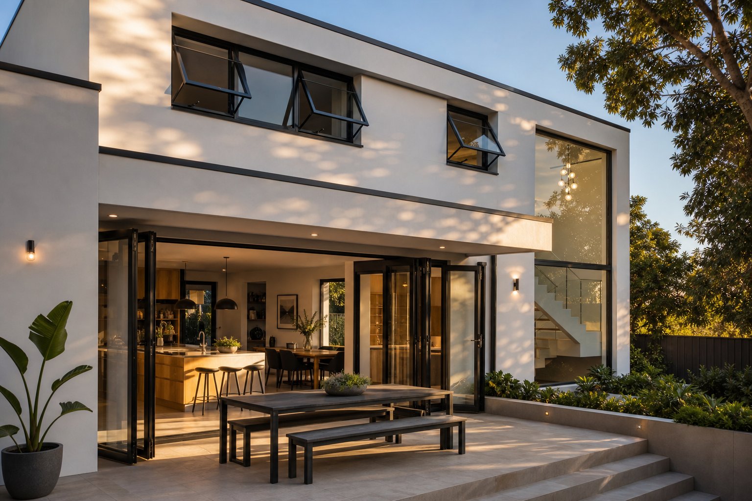 modern home exterior displaying various aluminium window styles including bi fold awning and fixed configurations in black frames