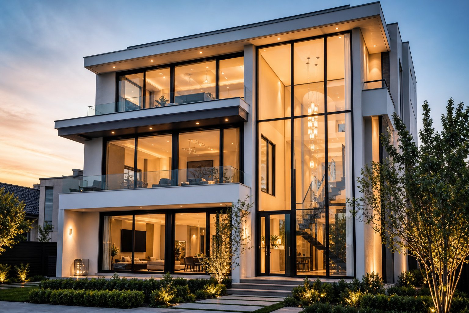 modern home facade demonstrating how different aluminium profile roles from slender sashes to structural mullions create expansive glazing designs