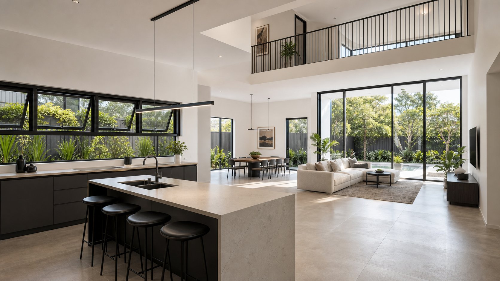 modern kitchen and living area showcasing awning windows for ventilation paired with floor to ceiling fixed aluminium panels for light
