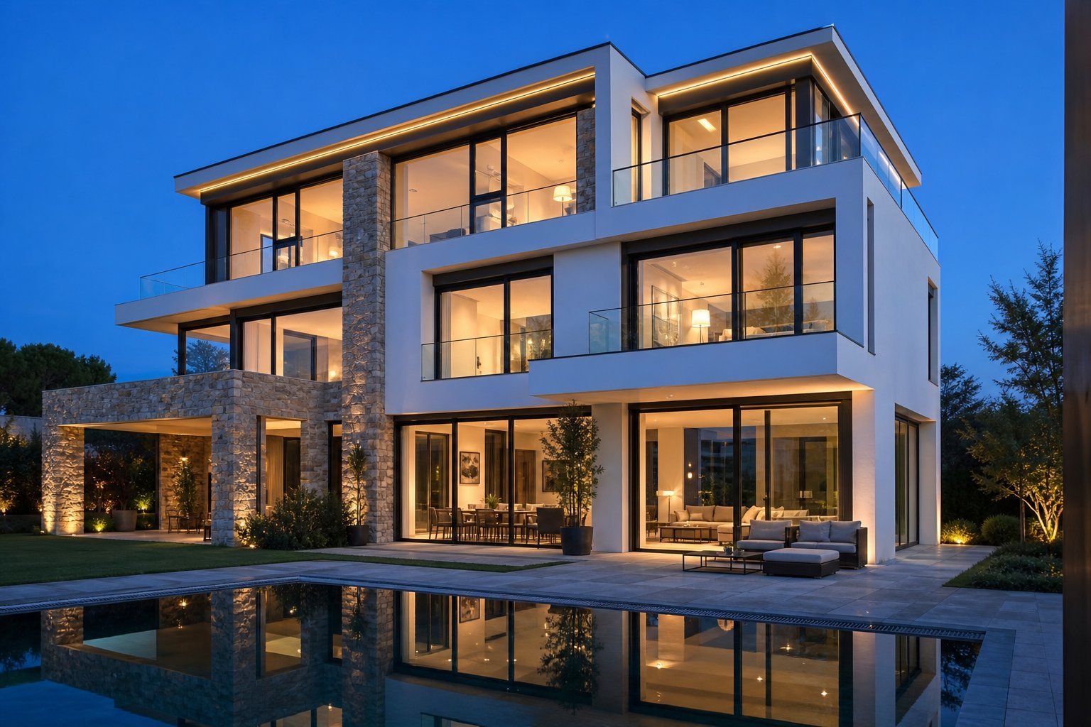 modern three storey residence featuring multiple european aluminium window configurations with slim charcoal frames and expansive glazing