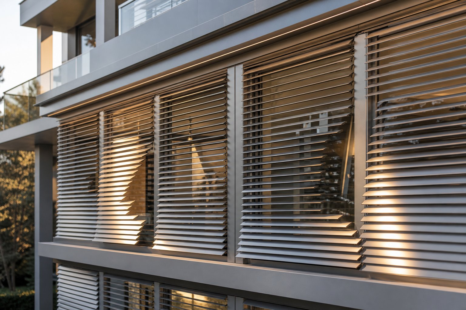 motorised aluminium louvre blades adjusting automatically to optimise shade angles throughout the day
