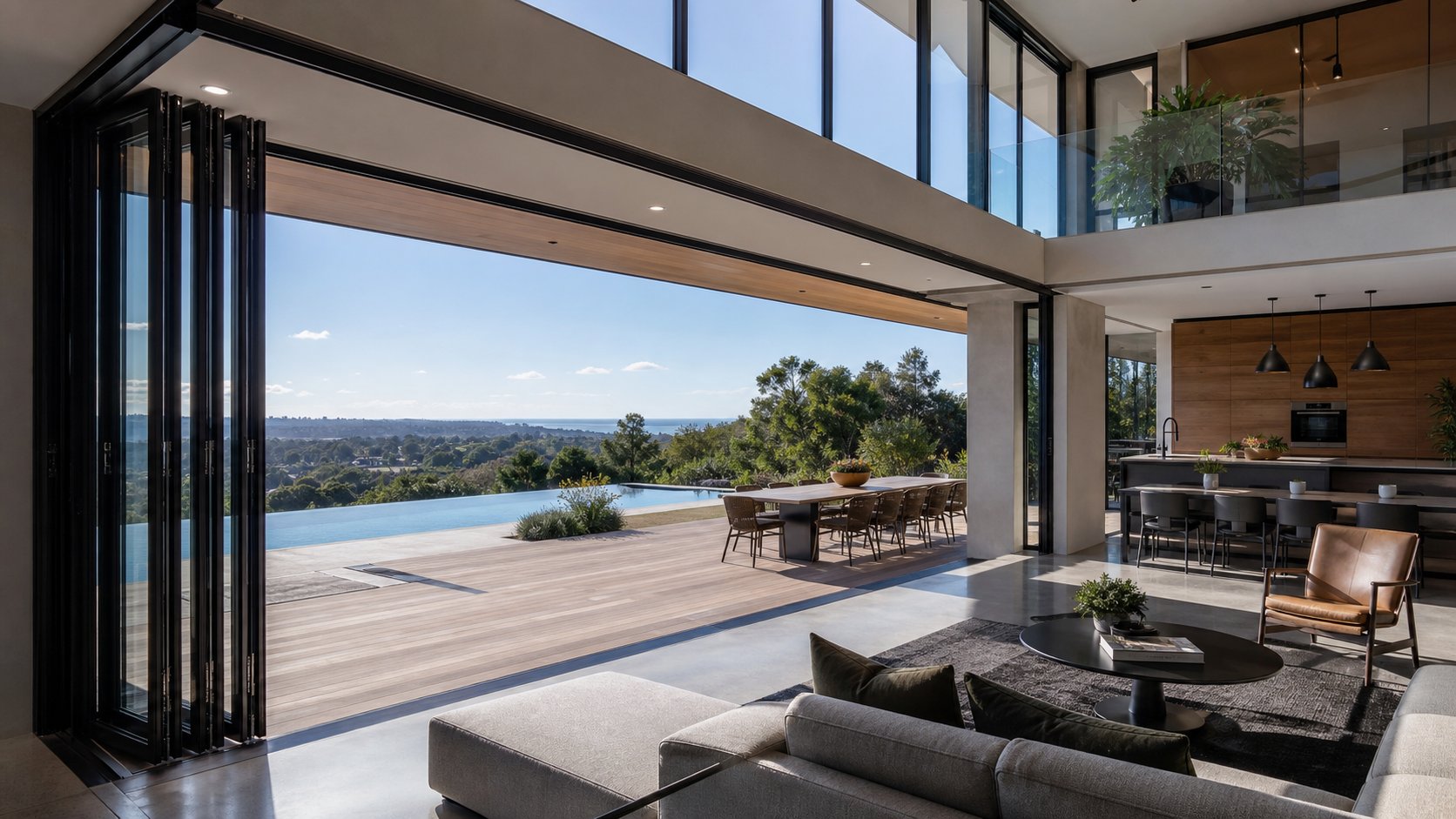 multi panel aluminium bi fold doors creating seamless indoor outdoor flow in a modern australian home