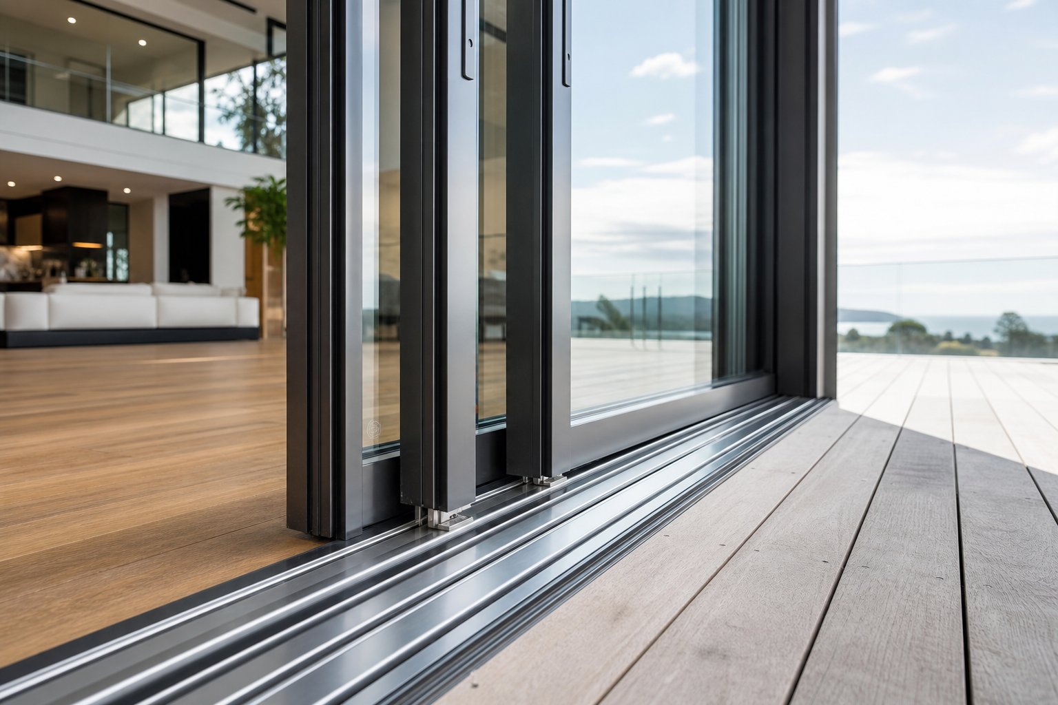 multi panel aluminium sliding door system with precision track and stacking configuration for maximum opening width