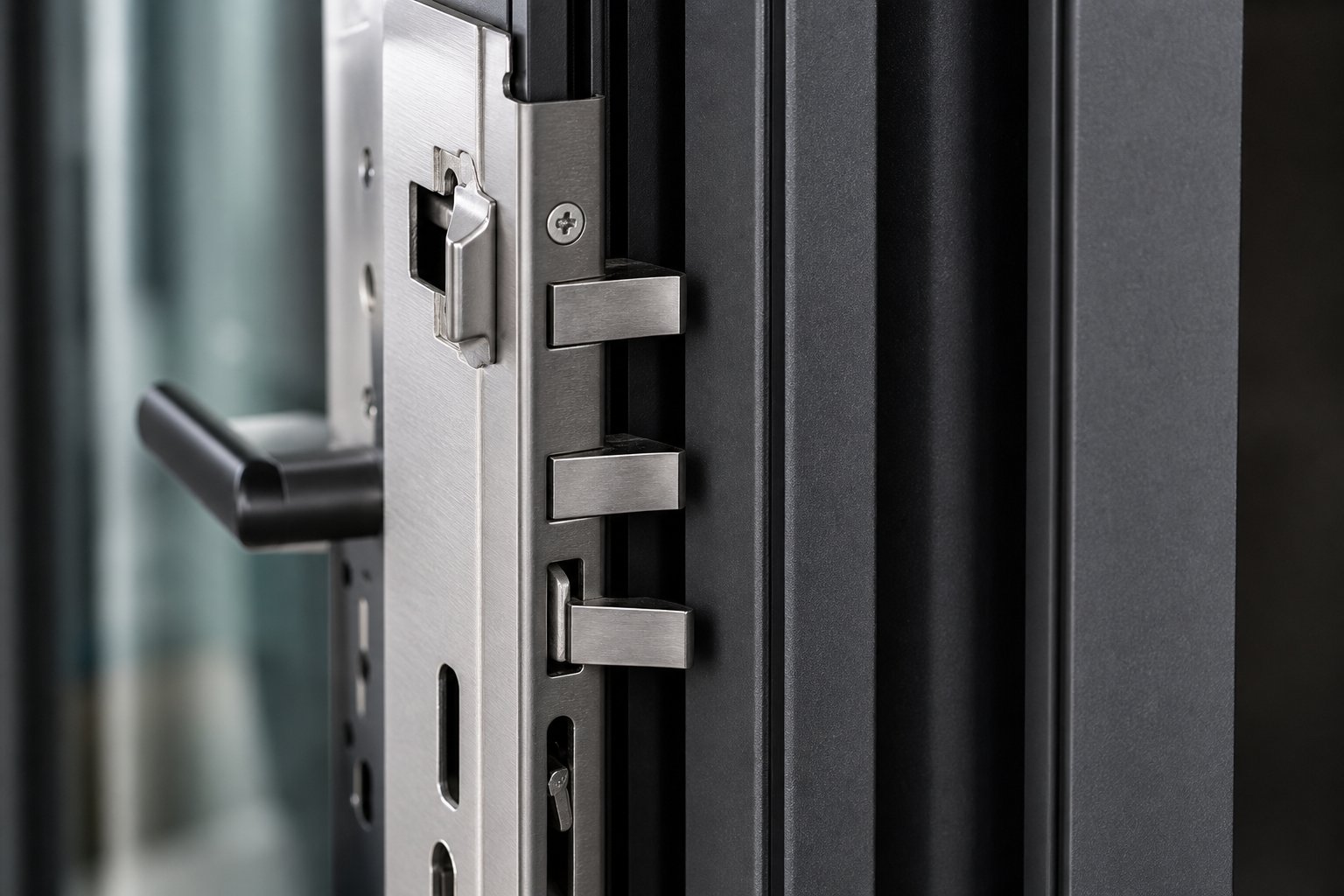 multi point locking mechanism on an aluminium double glazed sliding door showing steel bolts engaged along the frame
