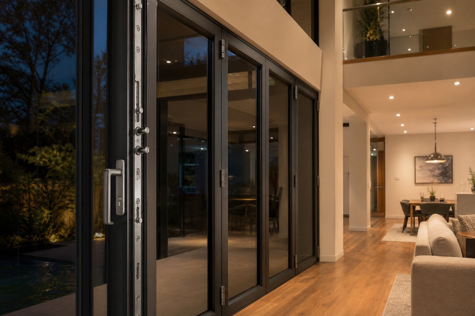 multi point locking system with stainless steel bolts securing folding aluminium window panels at multiple engagement points
